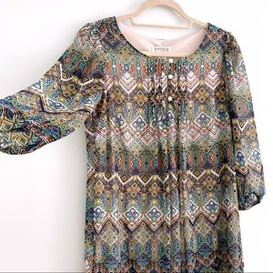 Bohemian Ethnic Pattern Dress in Teal and Orange w/ Long Sleeves and Pleats Boho